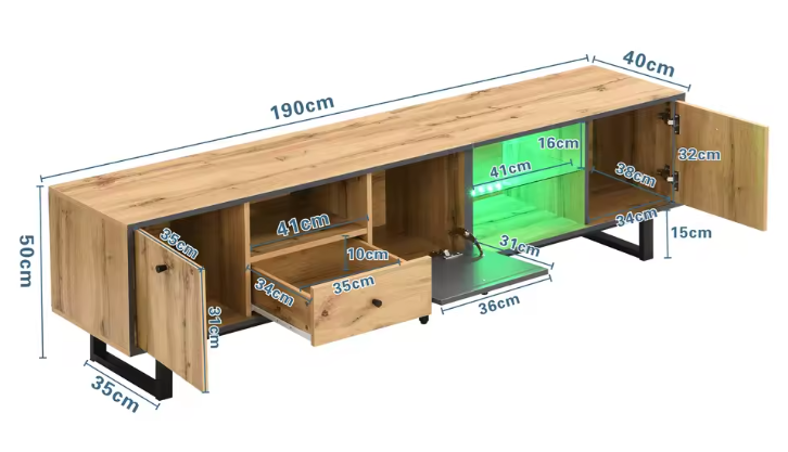 TV-Meubel met LED Verlichting & Glazen Schappen – Hout & Zwart, 190 x 40 x 50 cm