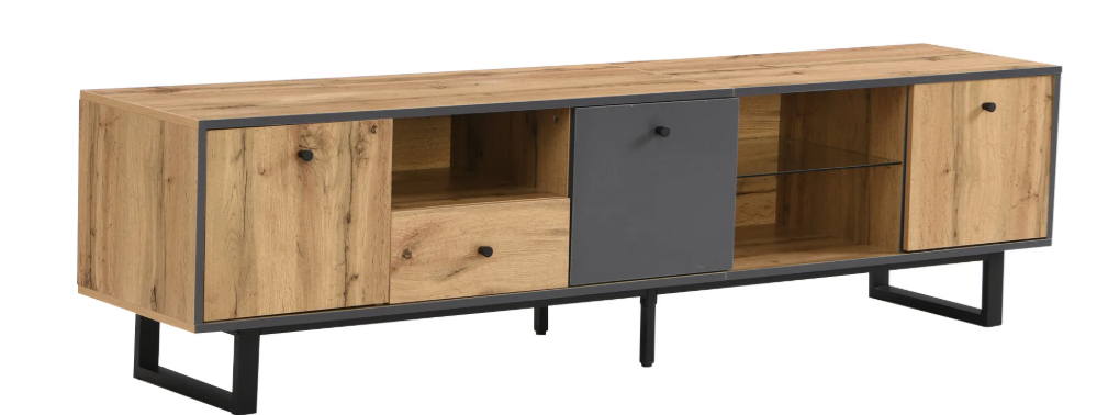 TV-Meubel met LED Verlichting & Glazen Schappen – Hout & Zwart, 190 x 40 x 50 cm