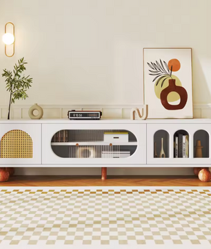 TV-Meubel met Schuifdeur & Ronde Open Vakken – Wit & Hout, 170 x 47 x 37 cm