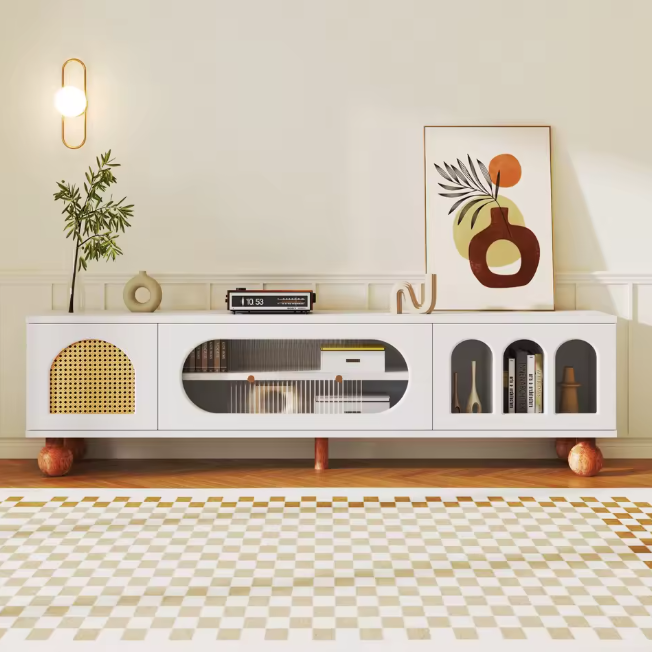 TV-Meubel met Schuifdeur & Ronde Open Vakken – Wit & Hout, 170 x 47 x 37 cm