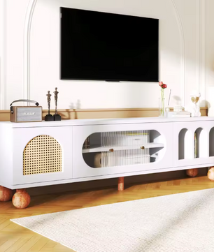 TV-Meubel met Schuifdeur & Ronde Open Vakken – Wit & Hout, 170 x 47 x 37 cm