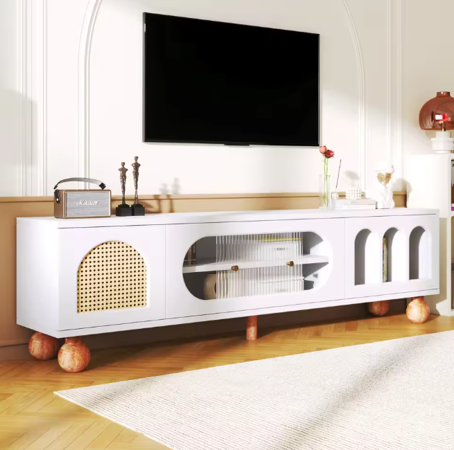 TV-Meubel met Schuifdeur & Ronde Open Vakken – Wit & Hout, 170 x 47 x 37 cm