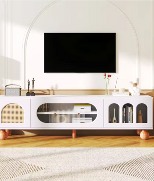 TV-Meubel met Schuifdeur & Ronde Open Vakken – Wit & Hout, 170 x 47 x 37 cm