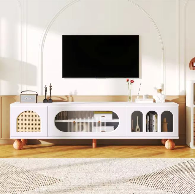TV-Meubel met Schuifdeur & Ronde Open Vakken – Wit & Hout, 170 x 47 x 37 cm