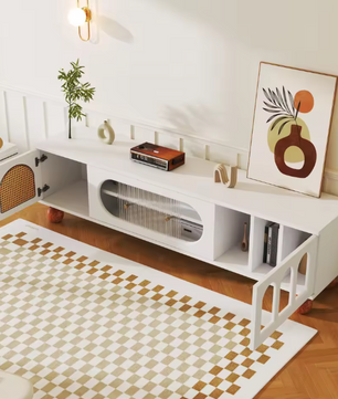 TV-Meubel met Schuifdeur & Ronde Open Vakken – Wit & Hout, 170 x 47 x 37 cm