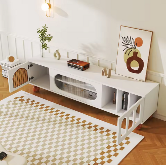 TV-Meubel met Schuifdeur & Ronde Open Vakken – Wit & Hout, 170 x 47 x 37 cm
