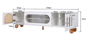TV-Meubel met Schuifdeur & Ronde Open Vakken – Wit & Hout, 170 x 47 x 37 cm