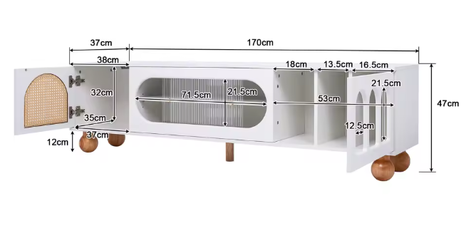 TV-Meubel met Schuifdeur & Ronde Open Vakken – Wit & Hout, 170 x 47 x 37 cm