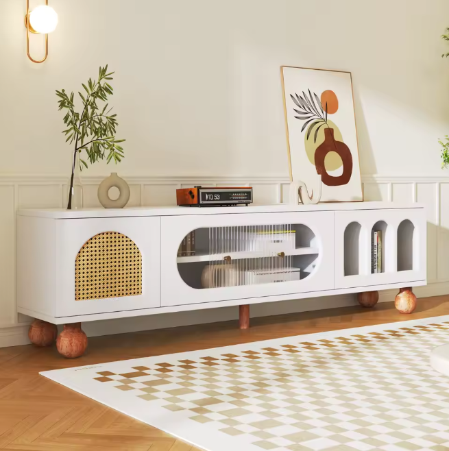 TV-Meubel met Schuifdeur & Ronde Open Vakken – Wit & Hout, 170 x 47 x 37 cm