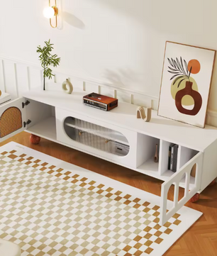TV-Meubel met Schuifdeur & Ronde Open Vakken – Wit & Hout, 170 x 47 x 37 cm