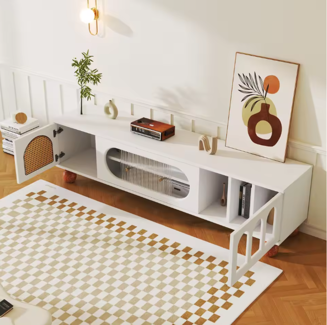 TV-Meubel met Schuifdeur & Ronde Open Vakken – Wit & Hout, 170 x 47 x 37 cm