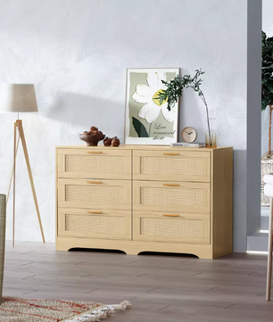 Ladekast met 6 Rattan Lades – Hout & Gouden Handgrepen, 120 x 75 x 40 cm
