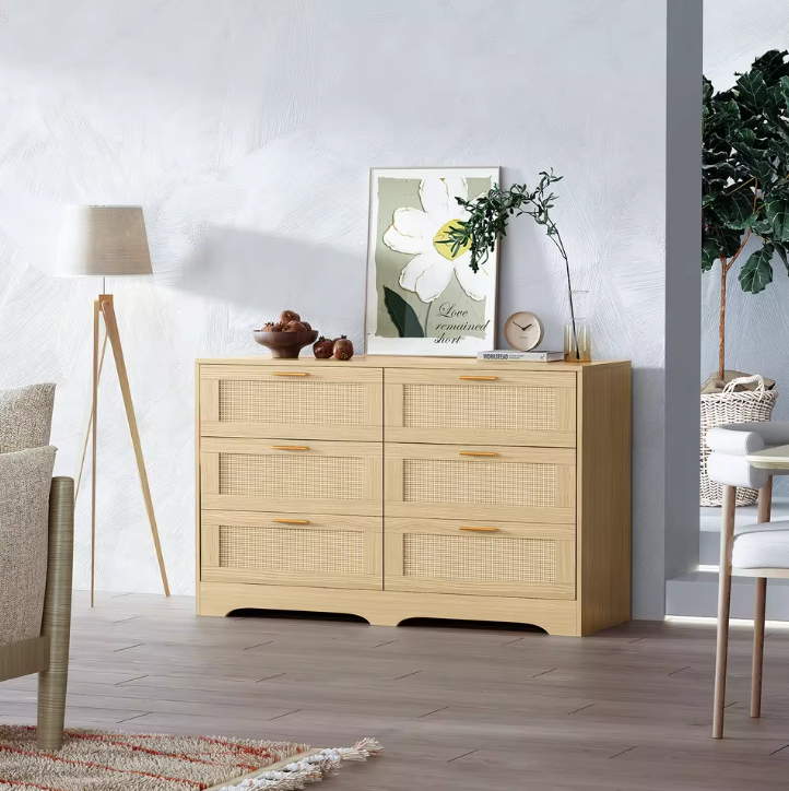 Ladekast met 6 Rattan Lades – Hout & Gouden Handgrepen, 120 x 75 x 40 cm