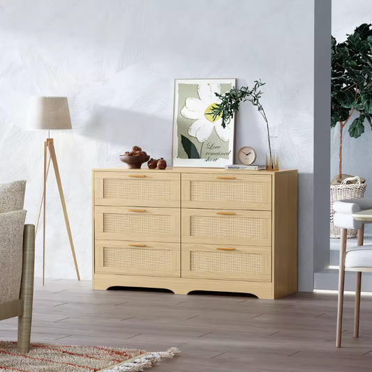 Ladekast met 6 Rattan Lades – Hout & Gouden Handgrepen, 120 x 75 x 40 cm