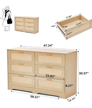 Ladekast met 6 Rattan Lades – Hout & Gouden Handgrepen, 120 x 75 x 40 cm