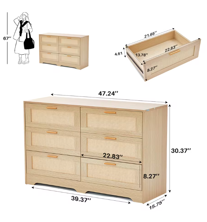 Ladekast met 6 Rattan Lades – Hout & Gouden Handgrepen, 120 x 75 x 40 cm