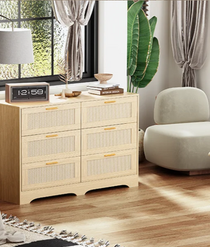 Ladekast met 6 Rattan Lades – Hout & Gouden Handgrepen, 120 x 75 x 40 cm