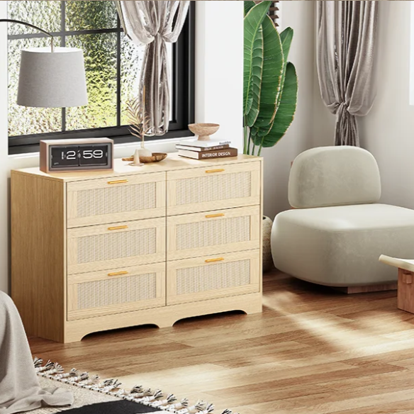Ladekast met 6 Rattan Lades – Hout & Gouden Handgrepen, 120 x 75 x 40 cm