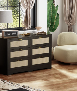 Ladekast met 6 Rattan Lades – Hout & Gouden Handgrepen, 120 x 75 x 40 cm