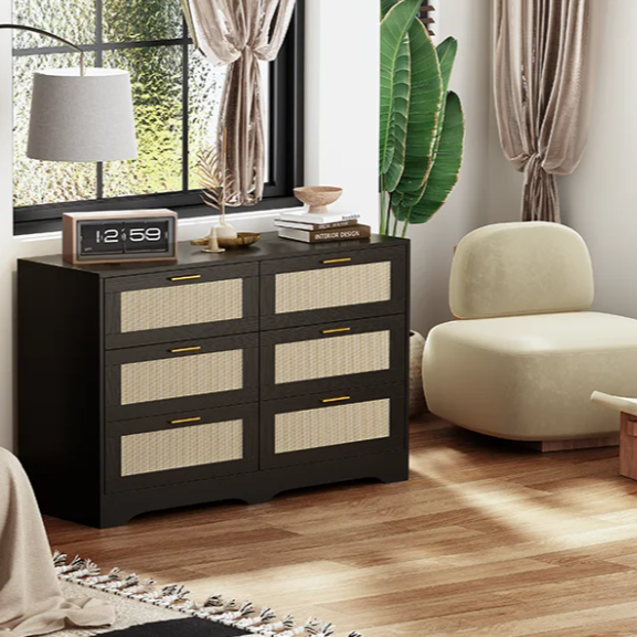 Ladekast met 6 Rattan Lades – Hout & Gouden Handgrepen, 120 x 75 x 40 cm