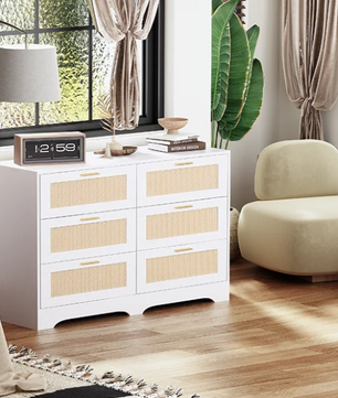 Ladekast met 6 Rattan Lades – Hout & Gouden Handgrepen, 120 x 75 x 40 cm