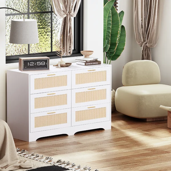 Ladekast met 6 Rattan Lades – Hout & Gouden Handgrepen, 120 x 75 x 40 cm