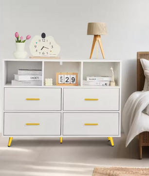 Ladekast met 4 Lades & Open Vakken – Zwart Hout, Modern & Multifunctioneel