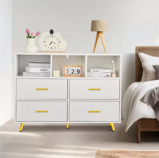 Ladekast met 4 Lades & Open Vakken – Zwart Hout, Modern & Multifunctioneel