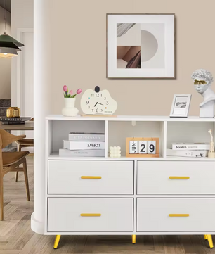Ladekast met 4 Lades & Open Vakken – Zwart Hout, Modern & Multifunctioneel