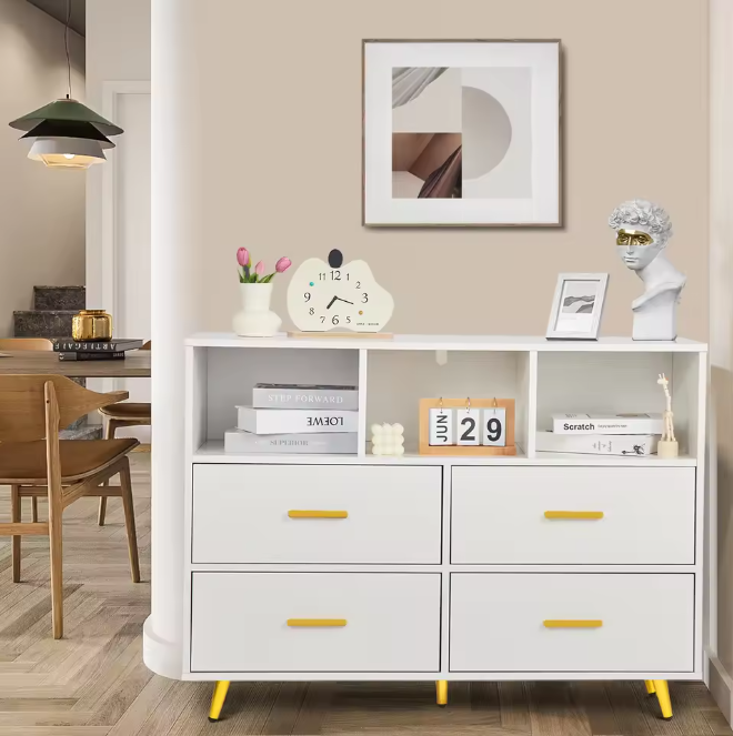 Ladekast met 4 Lades & Open Vakken – Zwart Hout, Modern & Multifunctioneel