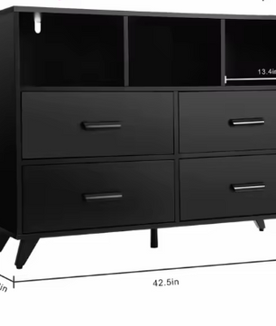 Ladekast met 4 Lades & Open Vakken – Zwart Hout, Modern & Multifunctioneel