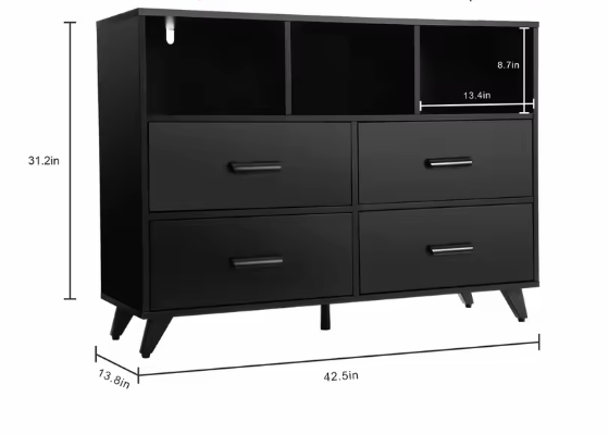 Ladekast met 4 Lades & Open Vakken – Zwart Hout, Modern & Multifunctioneel