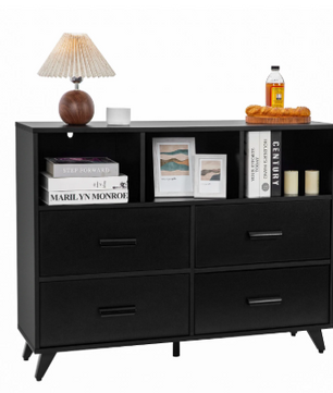Ladekast met 4 Lades & Open Vakken – Zwart Hout, Modern & Multifunctioneel