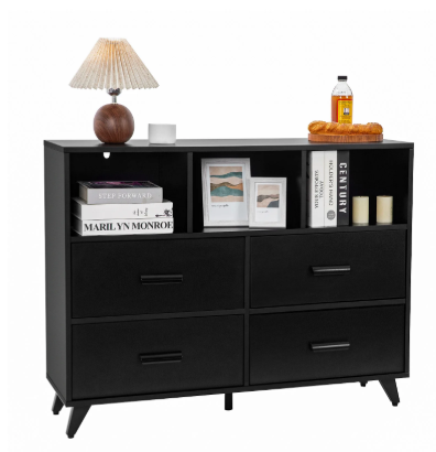 Ladekast met 4 Lades & Open Vakken – Zwart Hout, Modern & Multifunctioneel