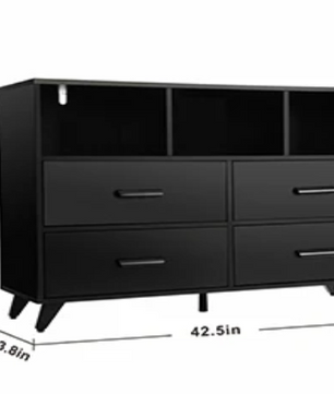 Ladekast met 4 Lades & Open Vakken – Zwart Hout, Modern & Multifunctioneel
