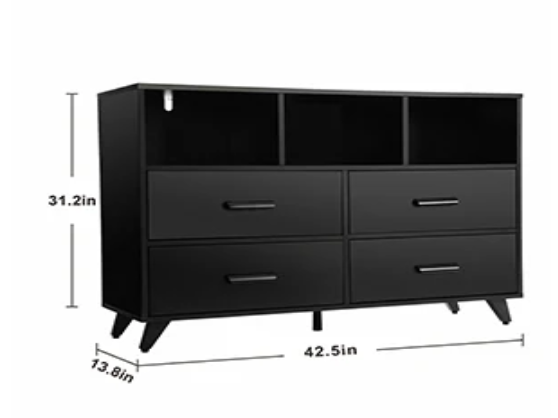 Ladekast met 4 Lades & Open Vakken – Zwart Hout, Modern & Multifunctioneel
