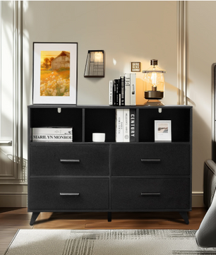 Ladekast met 4 Lades & Open Vakken – Zwart Hout, Modern & Multifunctioneel