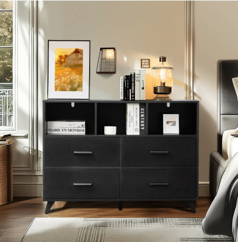 Ladekast met 4 Lades & Open Vakken – Zwart Hout, Modern & Multifunctioneel