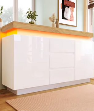 Dressoir met 5 Lades – Hoogglans Wit & LED-Verlichting, 140 cm Breed