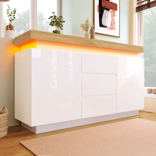 Dressoir met 5 Lades – Hoogglans Wit & LED-Verlichting, 140 cm Breed