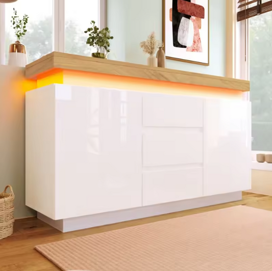 Dressoir met 5 Lades – Hoogglans Wit & LED-Verlichting, 140 cm Breed