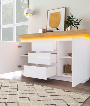 Dressoir met 5 Lades – Hoogglans Wit & LED-Verlichting, 140 cm Breed