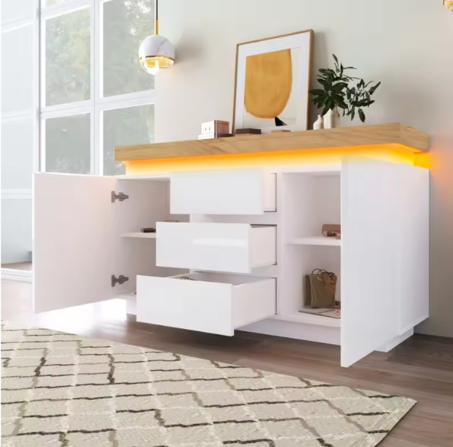 Dressoir met 5 Lades – Hoogglans Wit & LED-Verlichting, 140 cm Breed