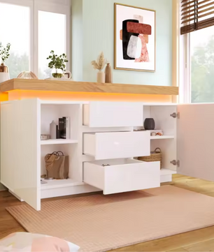 Dressoir met 5 Lades – Hoogglans Wit & LED-Verlichting, 140 cm Breed
