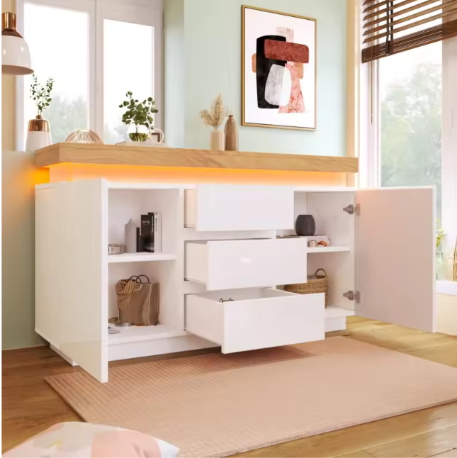 Dressoir met 5 Lades – Hoogglans Wit & LED-Verlichting, 140 cm Breed