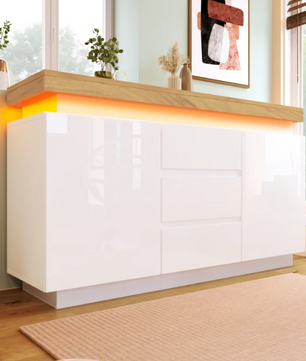 Dressoir met 5 Lades – Hoogglans Wit & LED-Verlichting, 140 cm Breed