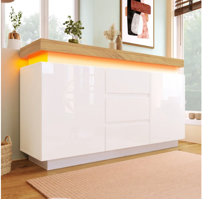 Dressoir met 5 Lades – Hoogglans Wit & LED-Verlichting, 140 cm Breed