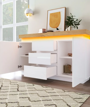 Dressoir met 5 Lades – Hoogglans Wit & LED-Verlichting, 140 cm Breed