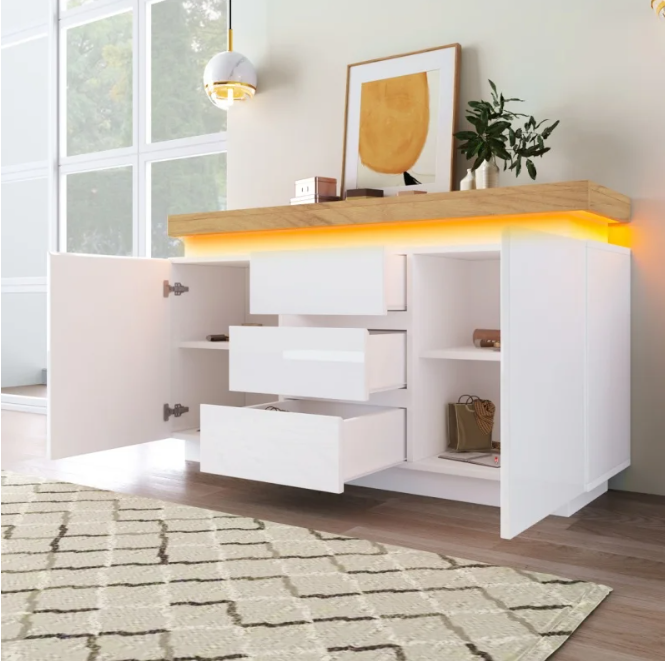 Dressoir met 5 Lades – Hoogglans Wit & LED-Verlichting, 140 cm Breed