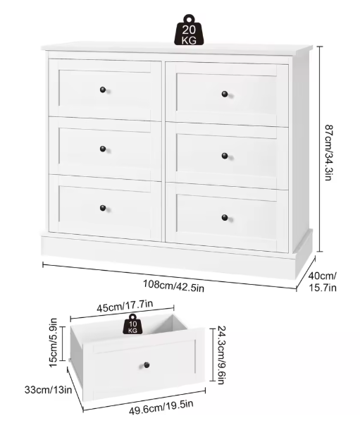 Ladekast met 6 Lades – Houten Dressoir voor Slaapkamer, Woonkamer & Hal